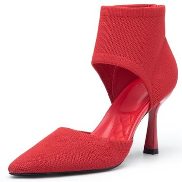 Imagem de NEWBELLA Cosy Sandália feminina elástica de salto alto com bico fino e ajuste semelhante a uma meia, botas sociais elásticas para verão, festa e noite, Vermelho, 35