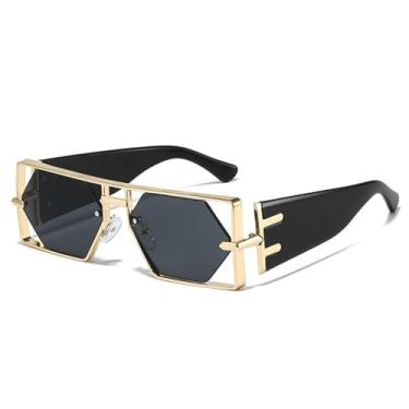 Imagem de HPIRME Óculos retangulares steampunk femininos e masculinos, armação de metal vazada luxuosa, vintage, punk, hexagonal, UV400 (C1GoldGray)