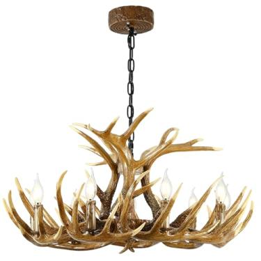 Imagem de Durahonn Lustre de chifre de 9 luzes cor marrom chifre luminária de teto base E12 vintage chifre de veado lâmpada de chifre de resina para sala de estar, corredor, cozinha (12 chifres + 9 luzes)