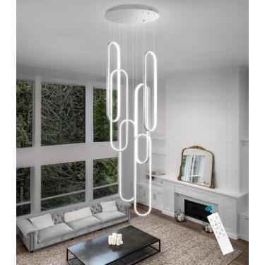 Imagem de dolria Lustre moderno de 6 anéis LED regulável com iluminação pendente de teto alto para hall de entrada, hall de entrada, escadas, prata, 38 cm