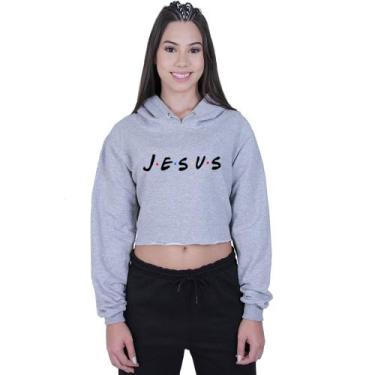 Imagem de Cropped Moletom Feminino Com Capuz Moda Cristã Jesus - Lafre, Cinza, P