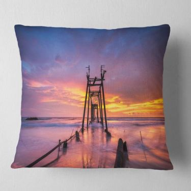 Imagem de Ponte de madeira quebrada no pôr do sol paisagem marítima sala de estar, sofá, almofada de alta qualidade + capa de almofada impressa em ambos os lados 40 x 40 cm