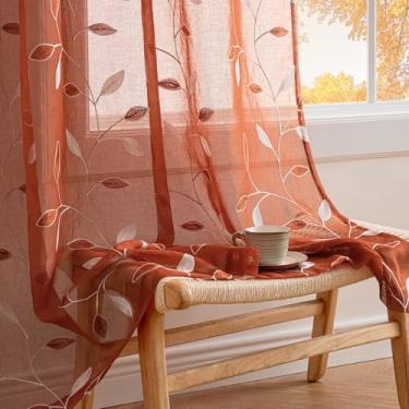 Imagem de MIULEE Cortinas transparentes de terracota, 2 painéis, bordadas, com estampa de folha, bolso para varão, floral, semi sintético, conjunto de cortinas para janela de outono, para sala de estar, quarto