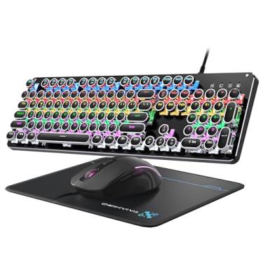 Imagem de Teclado e mouse mecânico para jogos de máquina de escrever, teclados retrô de tamanho completo de 104 teclas, painel de metal, punk, botão azul clique, com mouse e pad retroiluminados RGB para PC