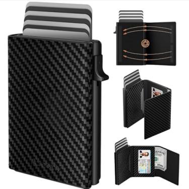 Imagem de Carteira masculina com porta-cartões, minimalista de 6 a 10 cartões, fina e compacta com clipe para dinheiro e janela para identidade, carteira de cartão pop-up inteligente com bloqueio de RFID