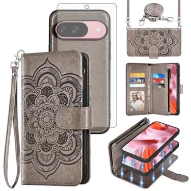 Imagem de Asuwish Capa de celular para Google Pixel 9/9 Pro 5G com zíper carteira magnética destacável com protetor de tela de vidro temperado alça transversal mandala flor porta-cartões Pixel9 9Pro Nove