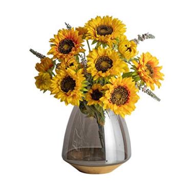 Imagem de Flores artificiais em vaso, flores artificiais, girassol, buquê de simulação idílica para decoração de sala de estar, arranjos de flores falsos, arranjos de flores de plantas artificiais