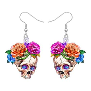 Imagem de BAMAY Brincos de crânio de flor de acrílico para mulheres, brincos assustadores de Halloween com pingente de crânio de açúcar divertido, presentes para mulheres, acessórios de bijuteria de fantasia do
