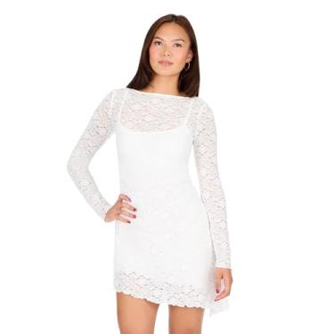 Imagem de Forever 21 Minivestido feminino de renda de manga comprida com sobreposição de renda, Gardênia, G