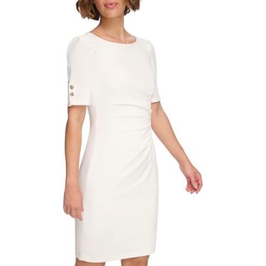 Imagem de DKNY Vestido feminino com botões e manga curta franzido, Marfim, 42