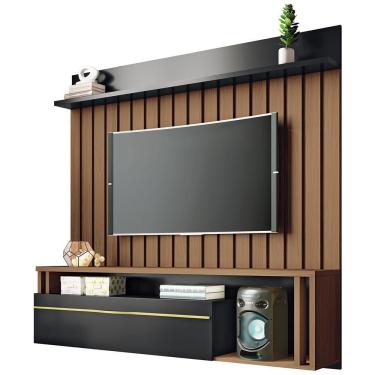 Imagem de Painel Para Tv 55 Pol Ripado Com Bancada Suspensa Blanc B01 Castanho Preto - Lyam Decor