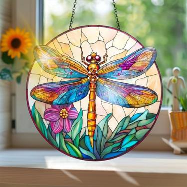 Imagem de Acrílico colorido Suncatcher, apanhador de sol estilo vitral impresso libélula com reflexos de arco-íris, decoração de janela suspensa, decoração de parede, ornamentos de Natal para uso interno e