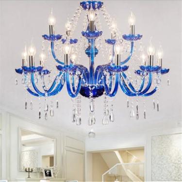 Imagem de Lustre de luxo europeu com cristais azuis e iluminação LED para sala de estar, restaurante, quarto, villa, hotel, duplex, loja de roupas, salão de beleza, café, bar e karaokê (15 lâmpadas po