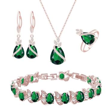 Imagem de LMXXVJ Conjunto de joias para mulheres, colar de zircônia cúbica em gota, brincos, anel ajustável, conjunto de joias, joias formais, presente, Cobre, Esmeralda sintética