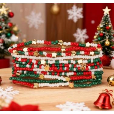Imagem de 12 pulseiras de Natal para mulheres, lindas pulseiras empilháveis de Natal da amizade, pequena pulseira de contas para festa à fantasia, One Size, Liga metálica, Sem Pedra Preciosa