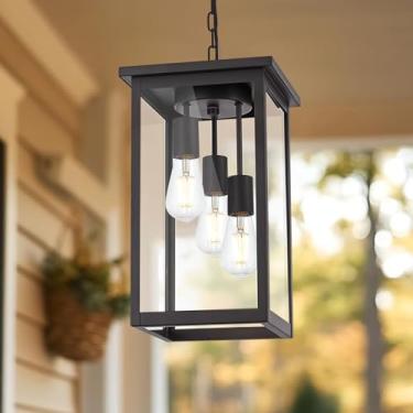 Imagem de Yaohong Luminária pendente externa, 3 luzes vintage de bronze polido a óleo para casa de fazenda com vidro transparente e corrente ajustável, lanterna para pendurar ao ar livre para entrada de varanda