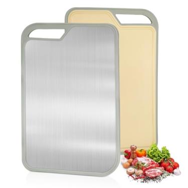 Imagem de LIHOOOOM Borad de corte de aço inoxidável, aço inoxidável e palha de trigo, tábuas de corte dupla face de grau alimentício para cozinha, fácil de limpar 13,4 x 23 cm, lavável na lava-louças
