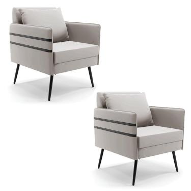 Imagem de Kit 02 Poltronas Veludo Cinza Pés Palito De Ferro Preto