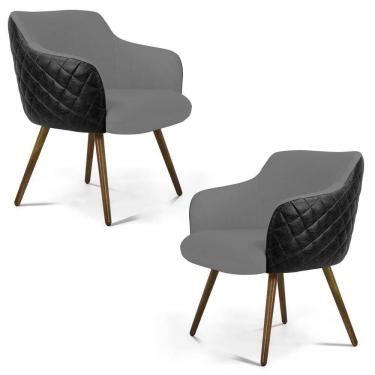 Imagem de Kit 02 Poltronas Decorativas Jade Pés Palito Madeira C-416 Corano Tressê Linho Cinza Escuro - Domi