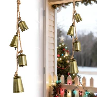 Imagem de Sinos dourados para enfeites de Natal vintage, 4 sinos decorativos de vaca de metal em corda de pendurar de juta, decorações de Natal rústicas grandes feitas à mão para decoração de casa de guirlanda