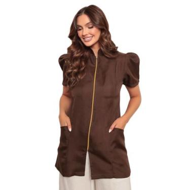 Imagem de Jaleco Feminino Manga Curta Bufante Zíper Mara Marrom - gardenia jalec
