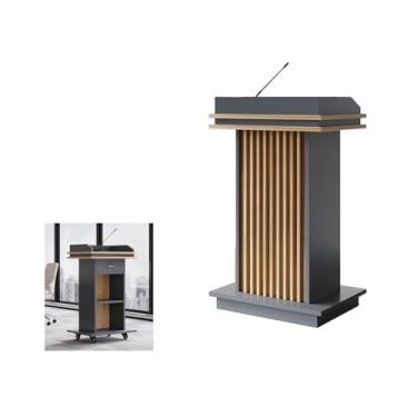 Imagem de Suporte de púlpito de pódio com prateleira para igreja, pódio com gaveta, púlpito sobre rodas com grande área de trabalho e armazenamento, púlpitos de madeira modernos para sala de aula com rodas