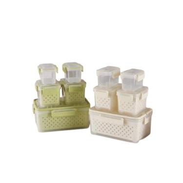 Imagem de Conjunto 5 Potes Herméticos com Tampa e Cesto, Plástico, Transparente com Bege e Verde, Empilháveis, para Organização de Cozinha