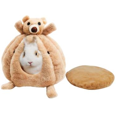 Imagem de Copfeu Esconderijo de coelho com almofada de algodão lavável removível, casa de hamster e esconderijo de lã de porquinho-da-índia para furão, chinchila, esquilo, esconderijo de animais pequenos (urso