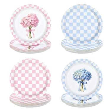 Imagem de 60 peças de pratos de papel xadrez de hortênsia, 23 cm, resistentes, descartáveis, azuis, rosa, florais, decorações de festa, para primavera, chá de bebê, casamento, chá de panela, artigos de festa de