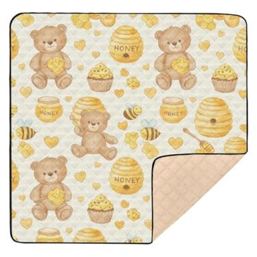 Imagem de Qilmy Tapete de bebê Honey Bear 127 cm x 127 cm, macio à prova d'água para bebês e crianças, antiderrapante, lavável, cercadinho