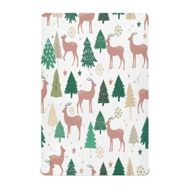 Imagem de Qilmy Lençóis de berço de cervo de Natal, inverno, macio, respirável, elástico, lençol com elástico para meninos e meninas, mini berço 132 cm x 71 cm capa de colchão infantil portátil