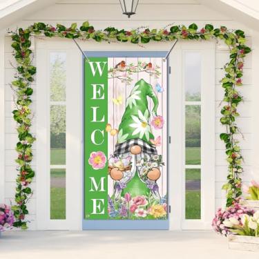 Imagem de SENSEVEN Faixa de porta de mola de gnomo, capa de porta de primavera de boas-vindas, placa de varanda de boas-vindas com pássaros florais de primavera, Páscoa, decoração de porta da frente, faixa de