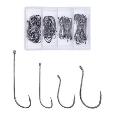 Imagem de MASTERPRO 92611#4#1 8299 2/0 4/0 Ganchos circulares de polvo de haste longa, 100 unidades de anzóis potentes portáteis em caixa de água doce e salgada, pacote de pesca americana de aço de alto carbono