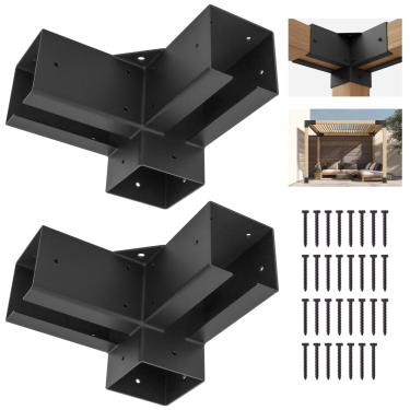 Imagem de ColourTree Kit de pérgula de metal com suportes de canto de 3 vias para base de poste de madeira 4 x 4, ferragens de aço ao ar livre adequadas para gazebo, pérgulas de pátio, 2 pacotes