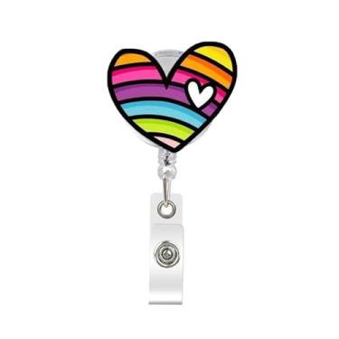 Imagem de Carretel de crachá retrátil em formato de coração, arco-íris, design de coração, porta-crachás, acrílico, fofo, porta-crachás de identificação para médico, enfermeira, professor, estudantes