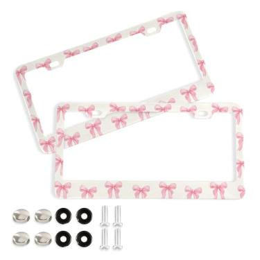 Imagem de SEHANY Lindas molduras de placa de licença de laço rosa, moldura de placa de carro de alumínio à prova de ferrugem com orifícios elípticos e parafusos serve para veículos padrão dos EUA tamanho
