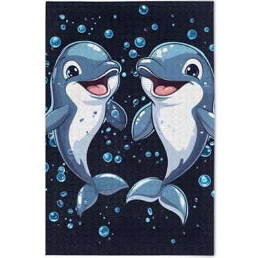 Imagem de Quebra-cabeças para adultos com golfinhos de desenho fofo 500 peças de arte de brinquedo familiar cena de outono personalizado divertido bobo, 52 cm x 37,8 cm