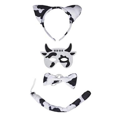 Imagem de Petitebella Máscara de cabeça de vaca leite, cauda, 4 peças, fantasia 1-5 anos (preto/branco, tamanho único)