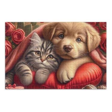 Imagem de Quebra-cabeça romântico filhote de cachorro gatinho dia dos namorados 500 peças adultos pintura animal arte personalizada difícil quebra-cabeça divertido bobo, 51 x 35 centímetros