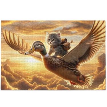 Imagem de Quebra-cabeças personalizados para adultos, gato, gatinho, pato voador, 500 peças, decoração de arte animal, quebra-cabeças exclusivos para adultos, família, presentes de elefante branco, 52 x 37,8 cm