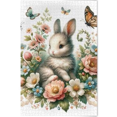 Imagem de Quebra-cabeça adulto floral coelho da Páscoa personalizado 500 peças família elefantes brancos presentes cena quebra-cabeças coloridos impressão animal obra de arte, 52 cm x 37,8 cm