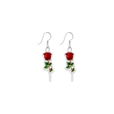 Imagem de Brincos femininos com pingente de flor de rosa vermelha acrílica, floral, folhas verdes, gancho, leve, vintage, moda, joias modernas para sua namorada, esposa, não 3D