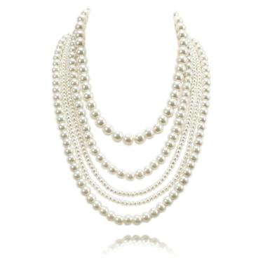 Imagem de Kalse Colar de pérolas simuladas simétricas de 5 camadas, gargantilha graduada com vários fios de ópera para mulheres – Presente formal de casamento para noiva, formatura, gala
