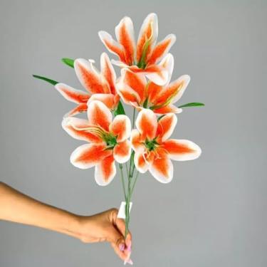 Imagem de Buquê de Lírios Artificiais – Kit Econômico – Flores Decorativas em Seda para Casa, Eventos e Vitrines (Laranja com branco,1 Unidade)