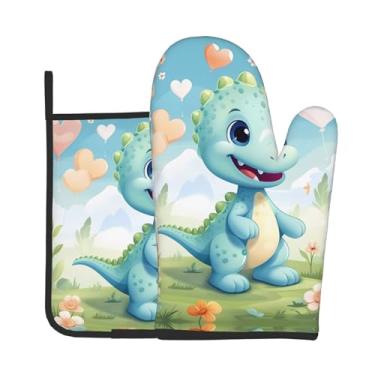 Imagem de Conjunto de 2 peças de luvas de forno com estampa de dinossauro Love para cozinhar, assar e grelhar ao ar livre