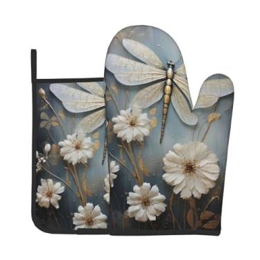 Imagem de Conjunto de luvas de forno com estampa de libélula branca em flor, conjunto de 2 peças, adequado para cozinhar, assar e grelhar ao ar livre