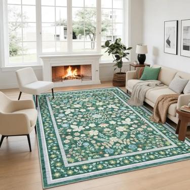 Imagem de GarveeHome Tapetes de área de 25 x 35 cm para sala de estar, floral, lavável na máquina, macio, grande, boho, resistente a manchas, tapete botânico antiderrapante para quarto, casa de fazenda, sala de