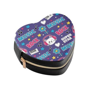 Imagem de Burbuja Caixa de joias em forma de coração de gato rocha de desenho animado mini estojo de joias de viagem para mulheres e meninas, estojo portátil organizador de armazenamento para brincos, anéis