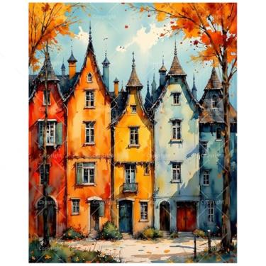 Imagem de TAOPAOLAB Kit de pintura colorida por números para adultos - DIY casas altas vibrantes no outono, pintura em tela, 40,6 x 50,8 cm, conjunto de tinta acrílica, adequado para iniciantes, arte de