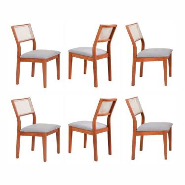 Imagem de Kit 6 Cadeiras Madeira Maciça com Estofado e Fibra Natural Rattan Maya Espresso Móveis Cinamomo/Cinza